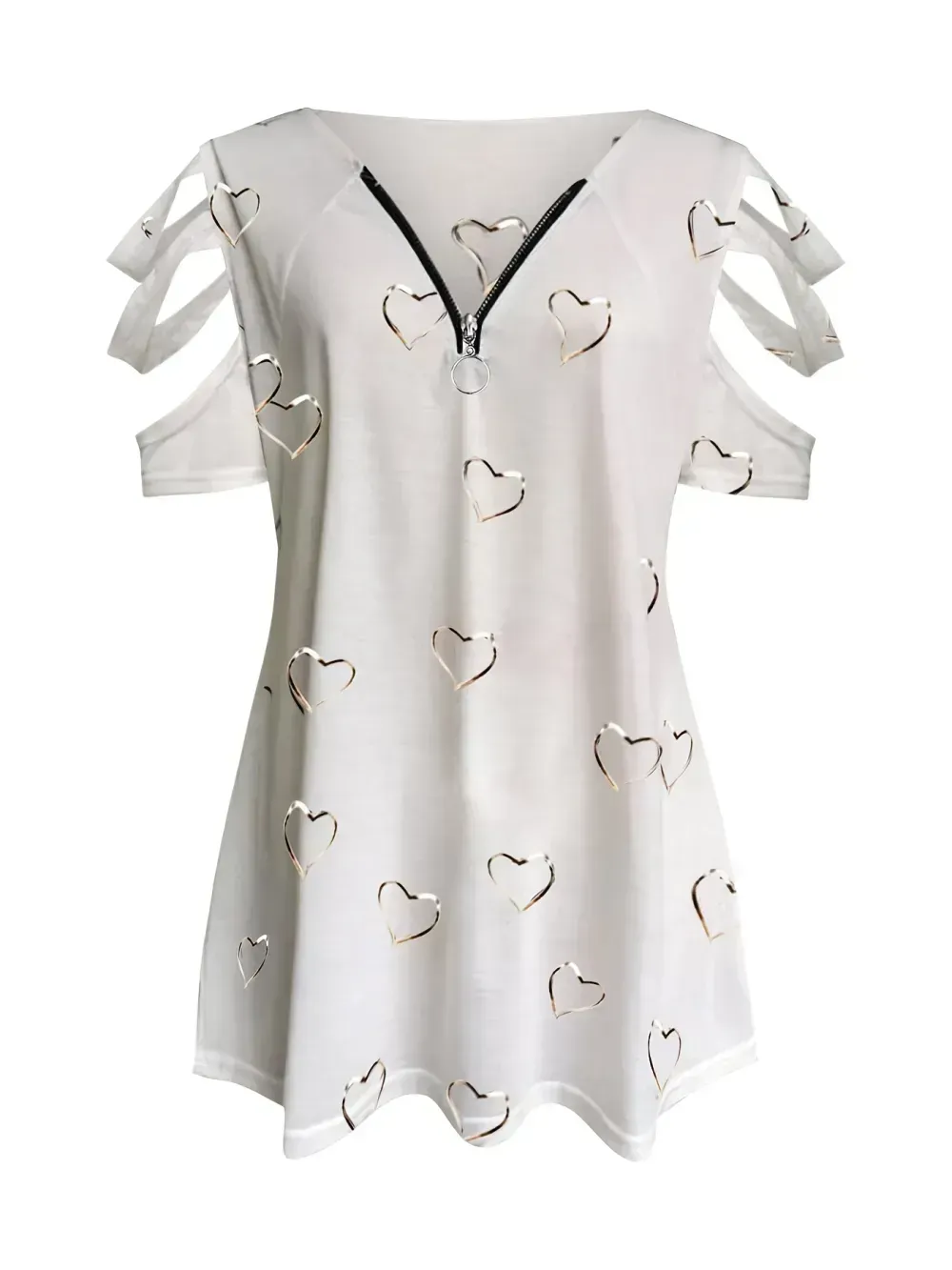 Plus Size Heart Print Zipper Short Sleeve Top, Women's Plus Slight Stretch V Neck Casual T-shirt