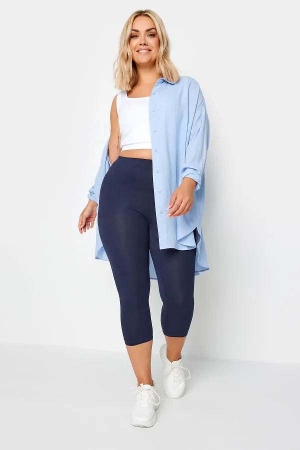 YOURS FOR GOOD Curve Navy Blue Cotton Stretch Cropped Leggings