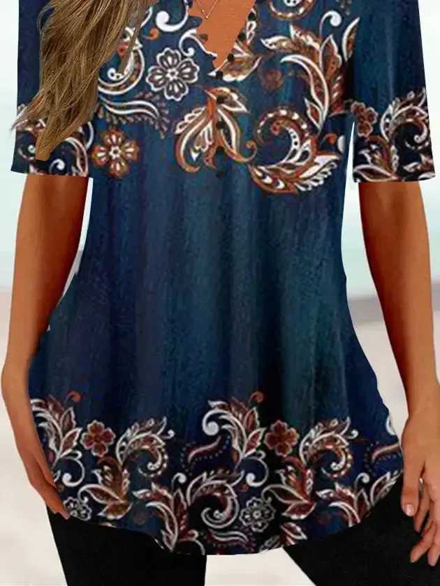 Women Half Sleeve V-neck Floral Printed Tops