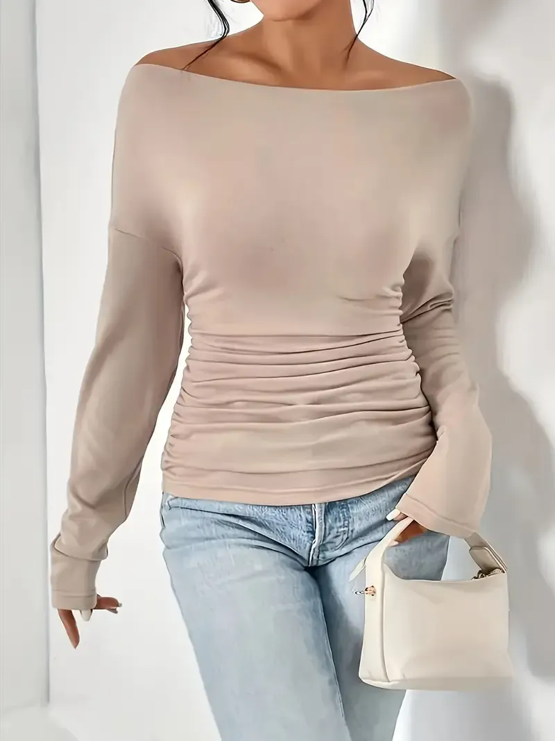 3-Pack Women'S Elegant Off-Shoulder Long Sleeve Tops, Solid Color Knit Polyester Blend, Soft Comfortable Fall/Winter Wear, 95% Polyester 5% Elastane, 180g/m² Fabric Weight