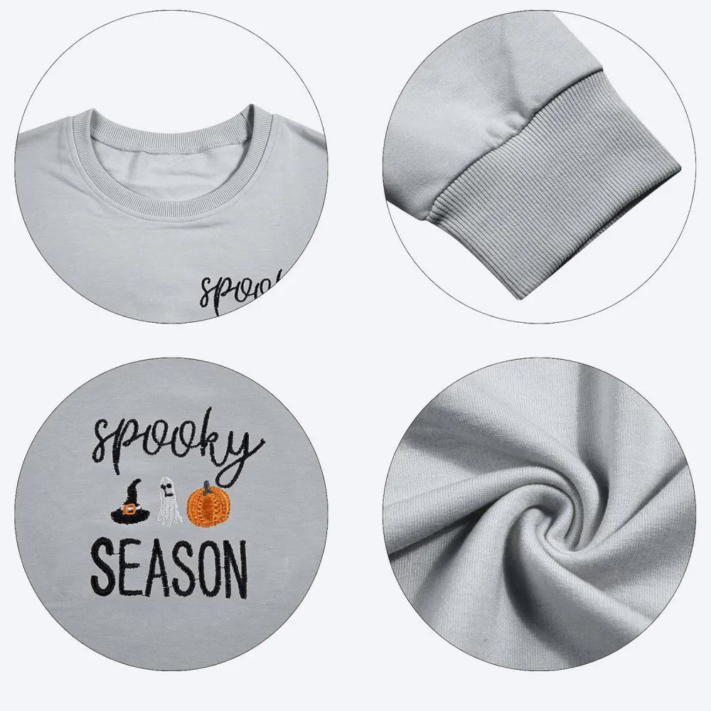 LOTUCY Halloween Sweatshirt Women Cute Spooky Season Sweatshirts Ghost Fall Embroidered Sweater Pullover Top