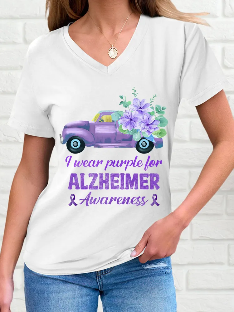 Women'S V-Neck Short-Sleeved T-Shirt I Wear Purple For Alzheimer Awareness Prints