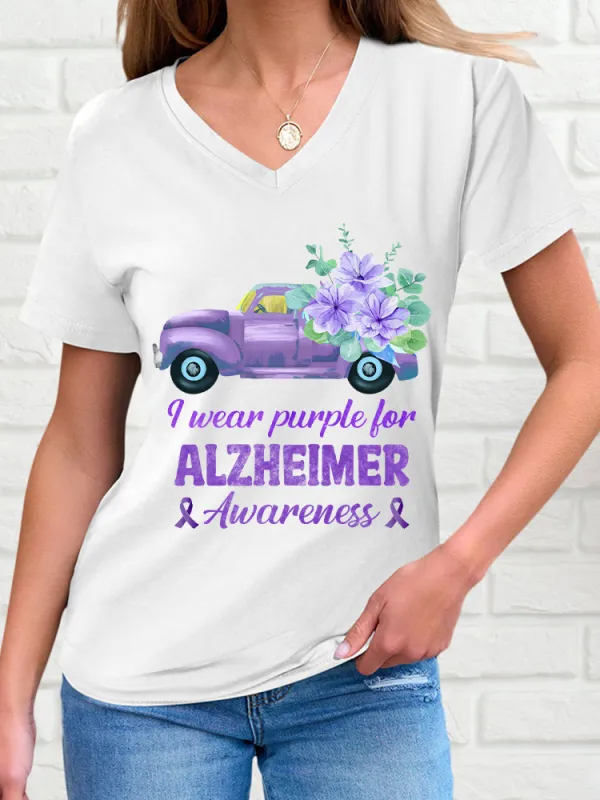 Women'S V-Neck Short-Sleeved T-Shirt I Wear Purple For Alzheimer Awareness Prints