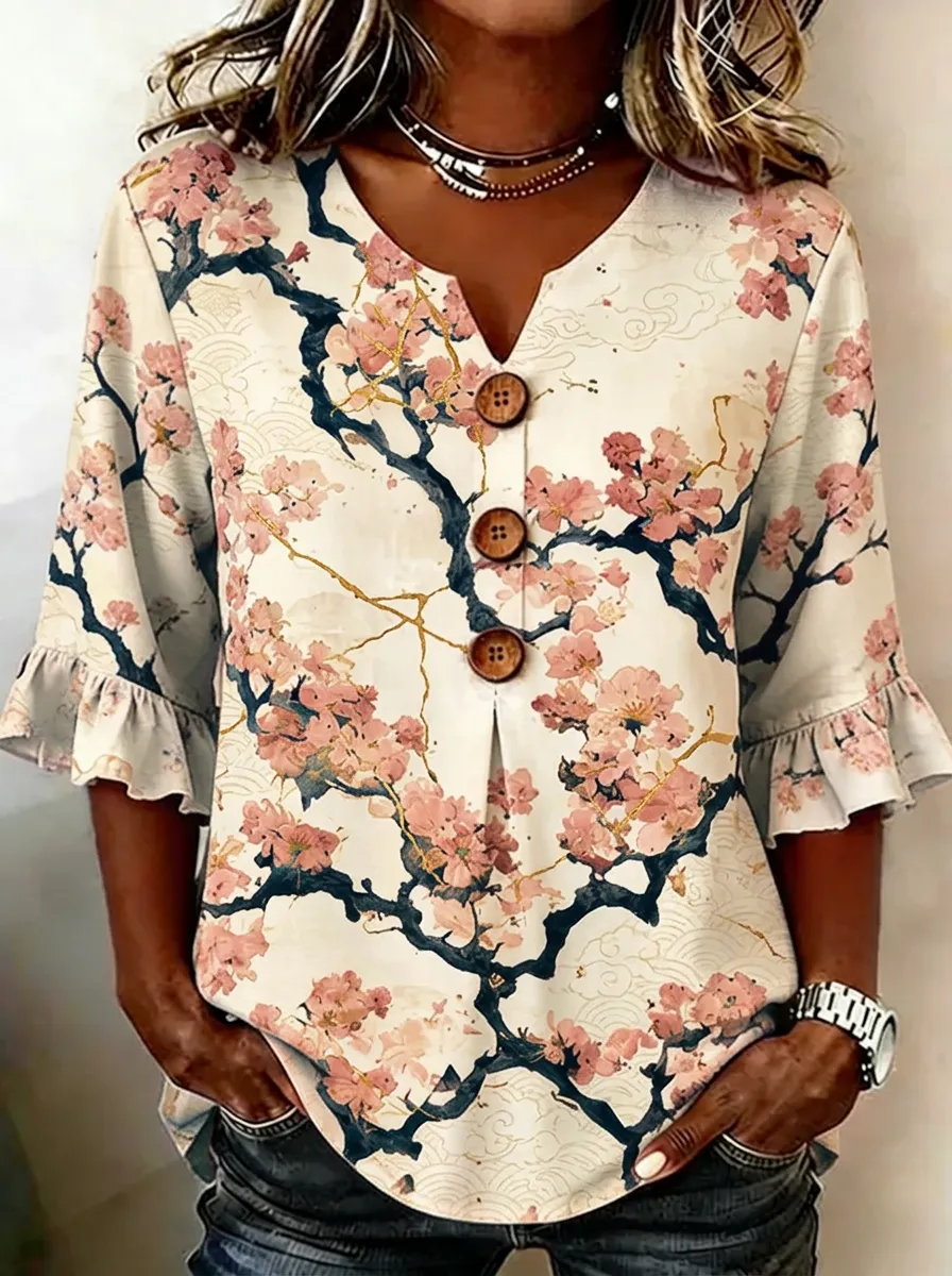Women's Nashville Cherry Blossom Floral Printed V-Neck Button Top