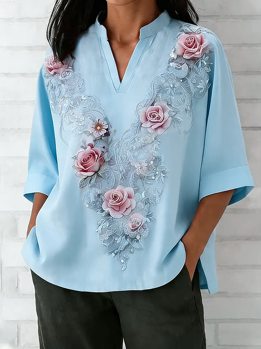 Women's Retro Heavy Industry Embroidered Flower Pattern V-Neck Top