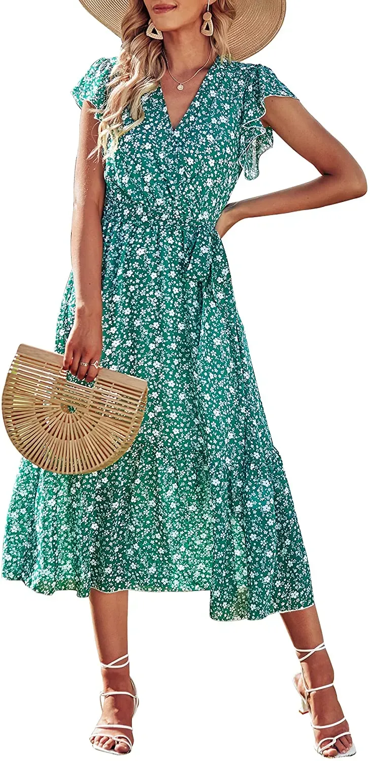 Women Summer Bohemian Floral Casual Wrap V Neck Ruffle Cap Sleeveless Belt A-Line Pleated Hem Swing Midi Sun Dress