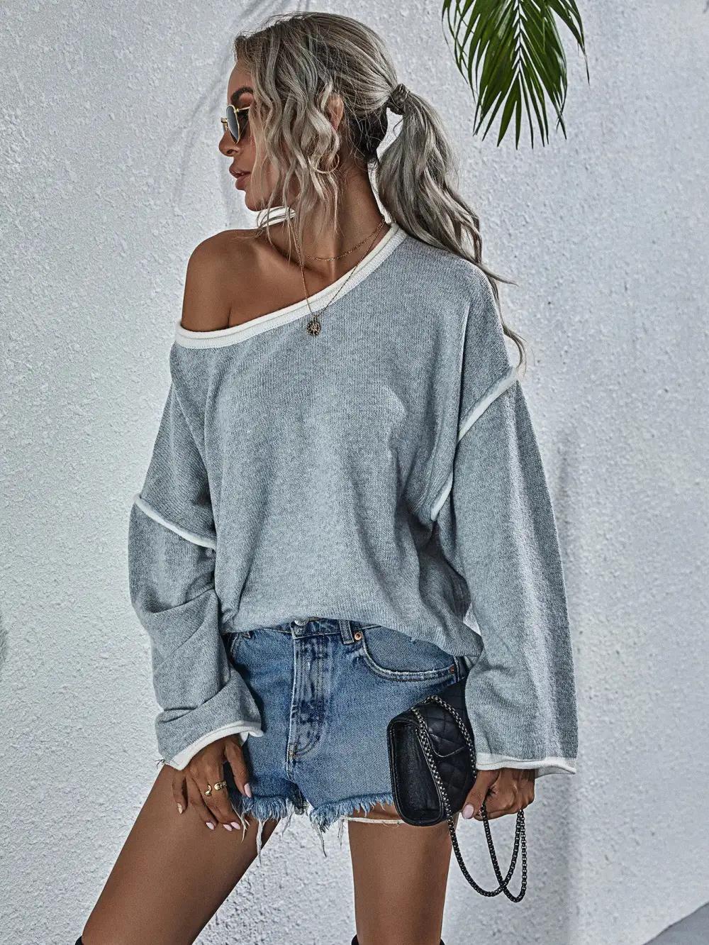Dropped Shoulder Boat Neck Long Sleeve Sweater
