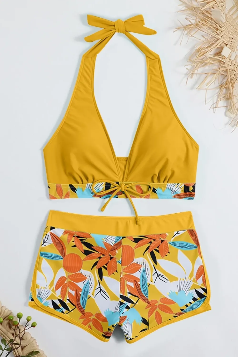 Sexy padded printed high-waisted patchwork swim trunks set