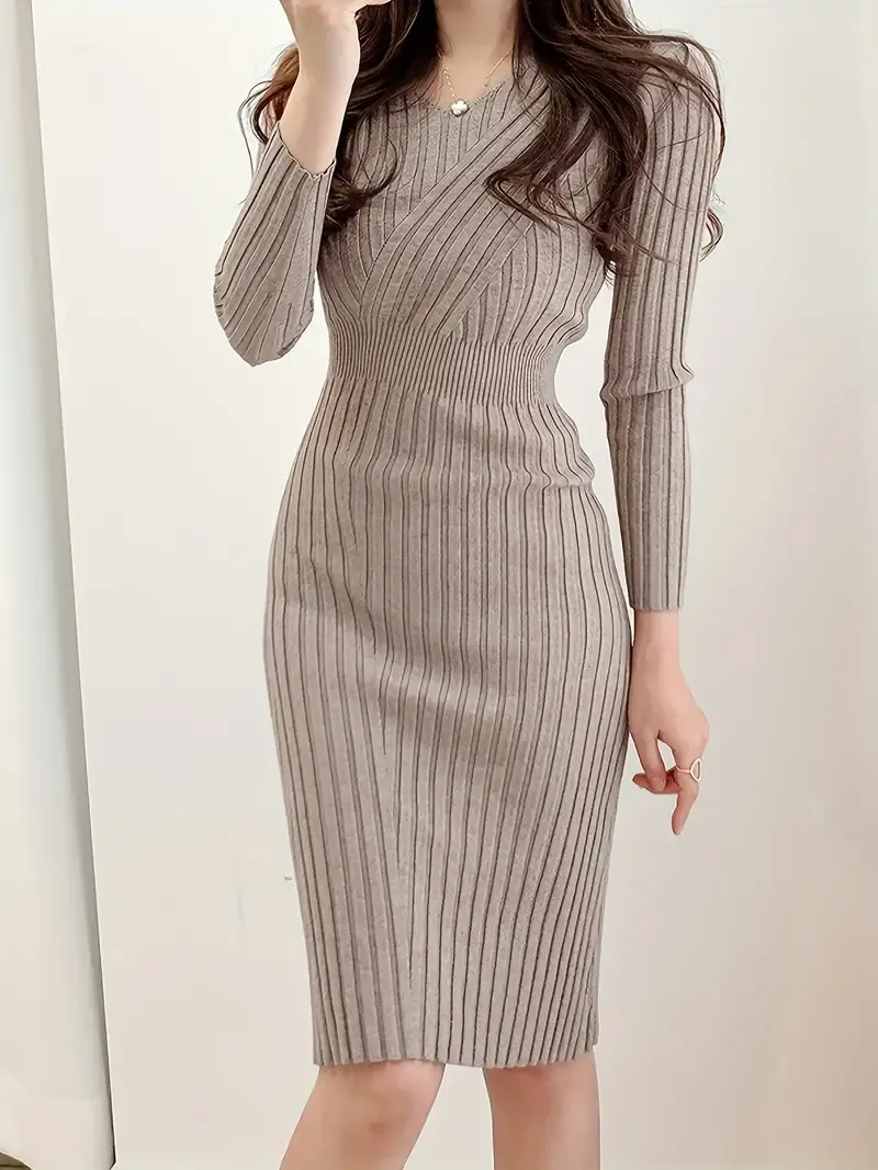 Vintage-Inspired Ribbed Knit Midi Dress for Women - Chic V-Neck with Waist Cinching, Long Sleeves, Bodycon Fit, Machine Washable - Perfect for Fall, Solid Black