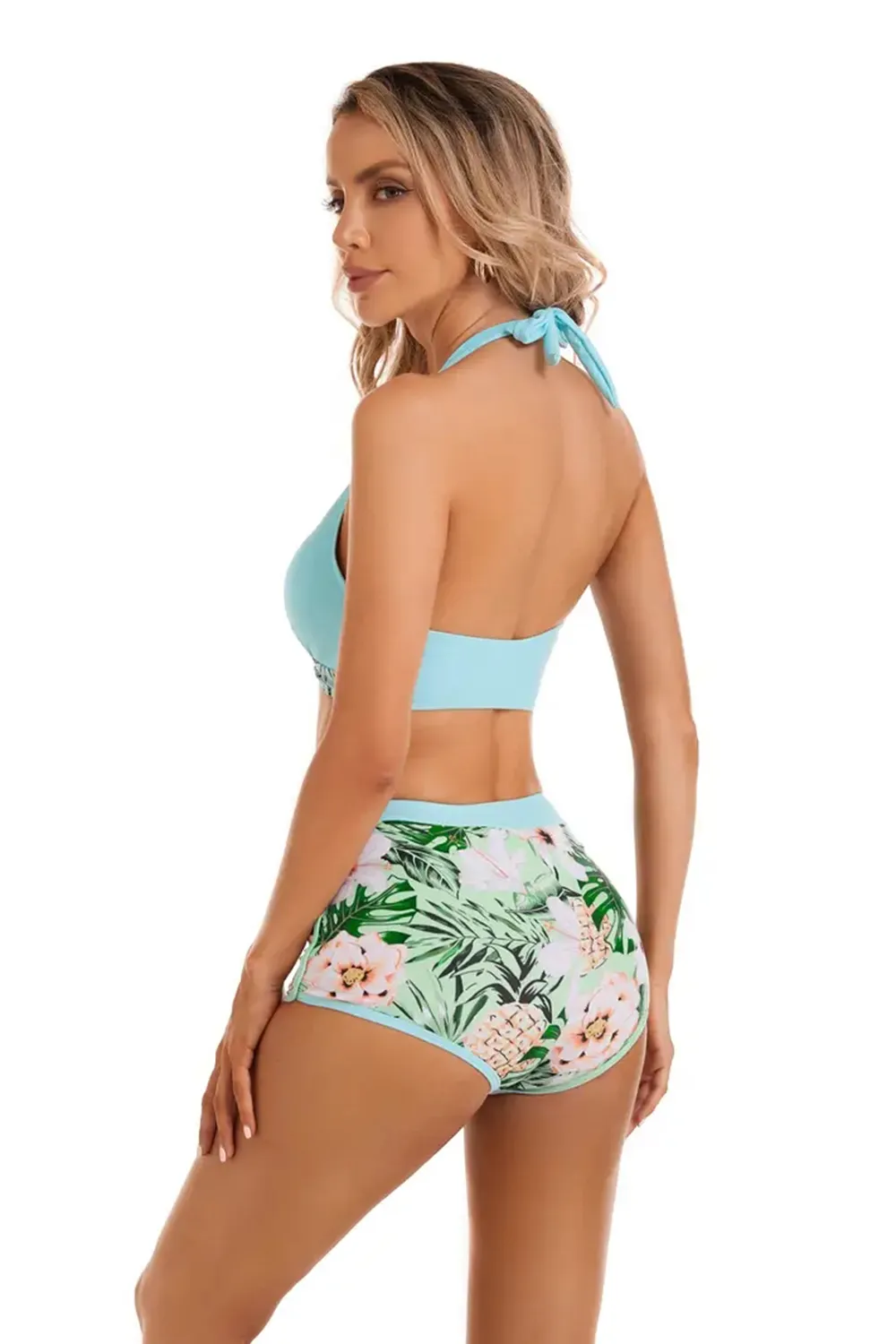 Floral Print Deep V Shape Halter Bikini Boxer Swimsuit