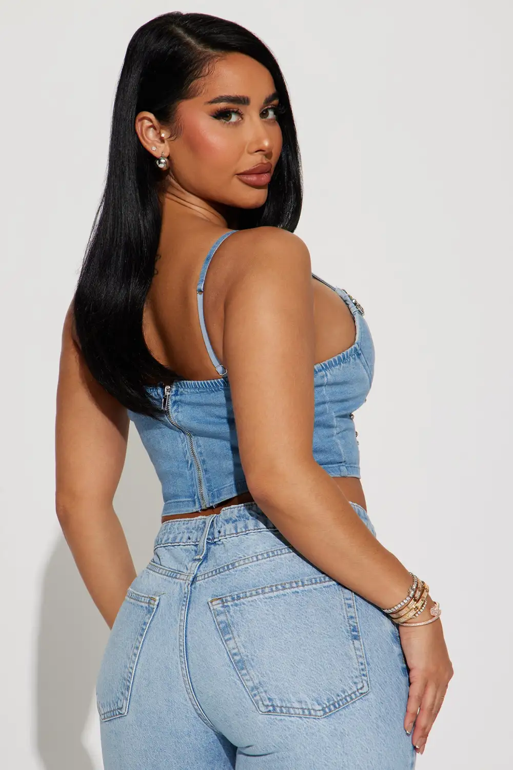Daria Rhinestone Denim Corset Top - Light Wash