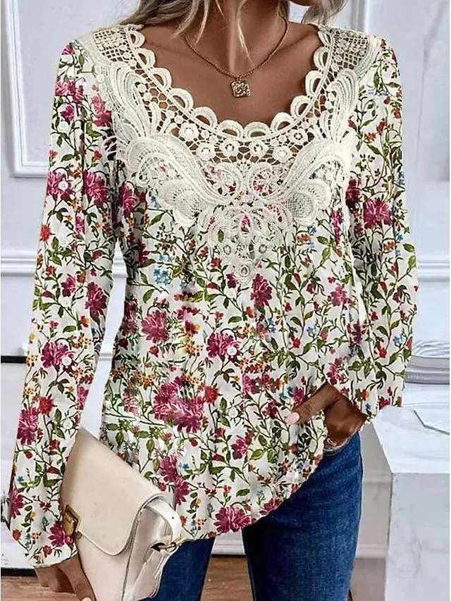 Women's Shirt Blouse Fashion Floral Lace Print Long Sleeve Regular Tops V Neck Casual Holiday Black White Yellow Pink Red Spring &  Fall