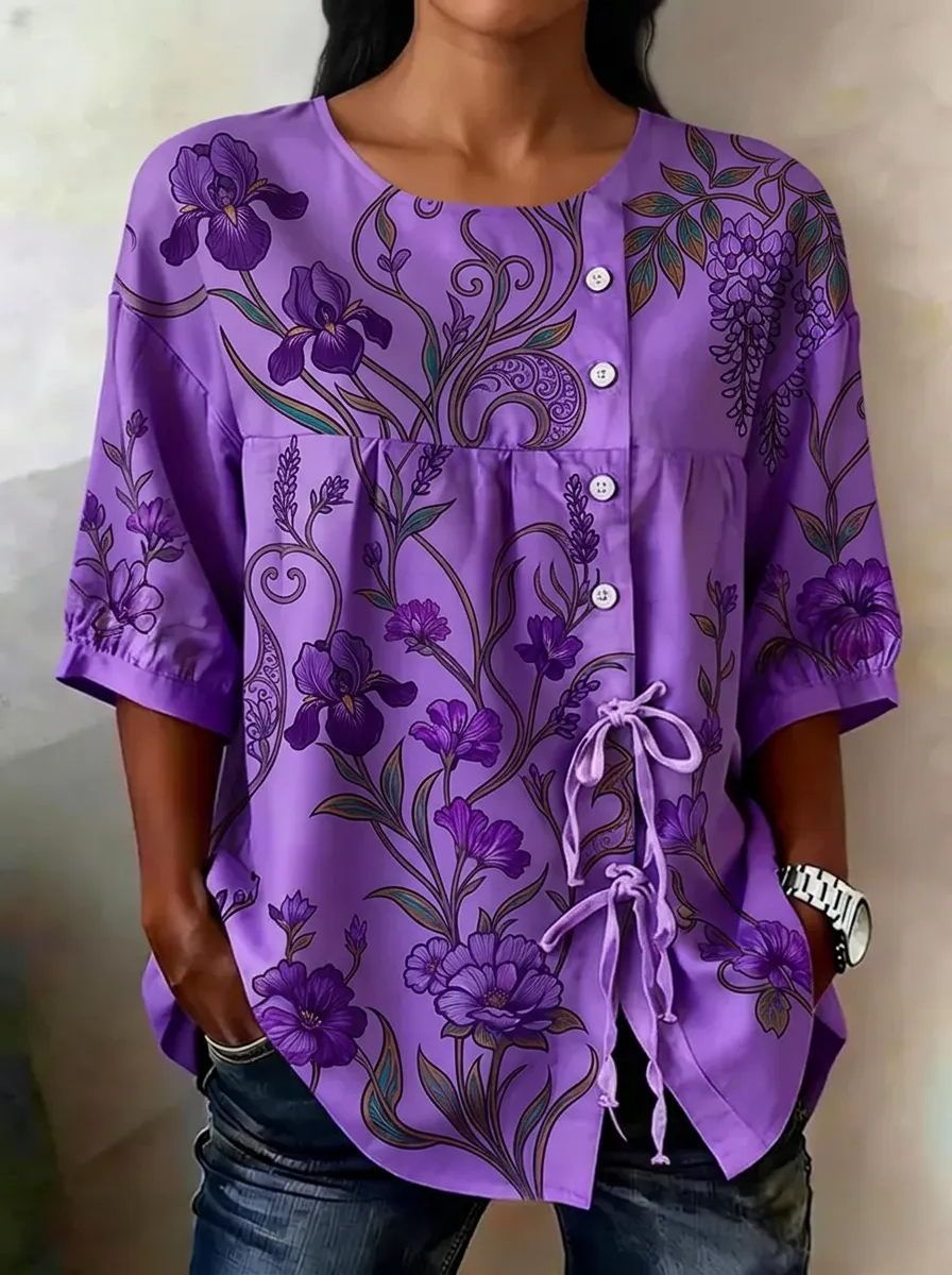 Women's Nashville Floral Botanical Printed Button-Down Blouse