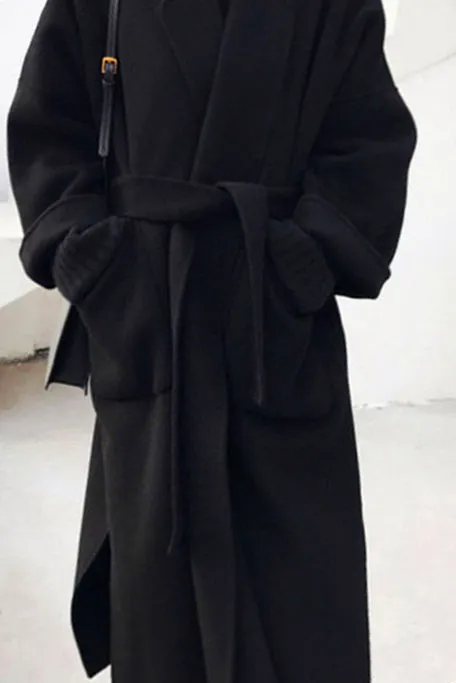 Front Pockets Lapel Faux Woolen Coat