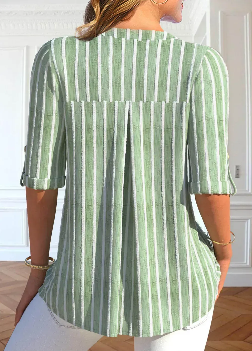 Light Green Button Striped Half Sleeve Blouse