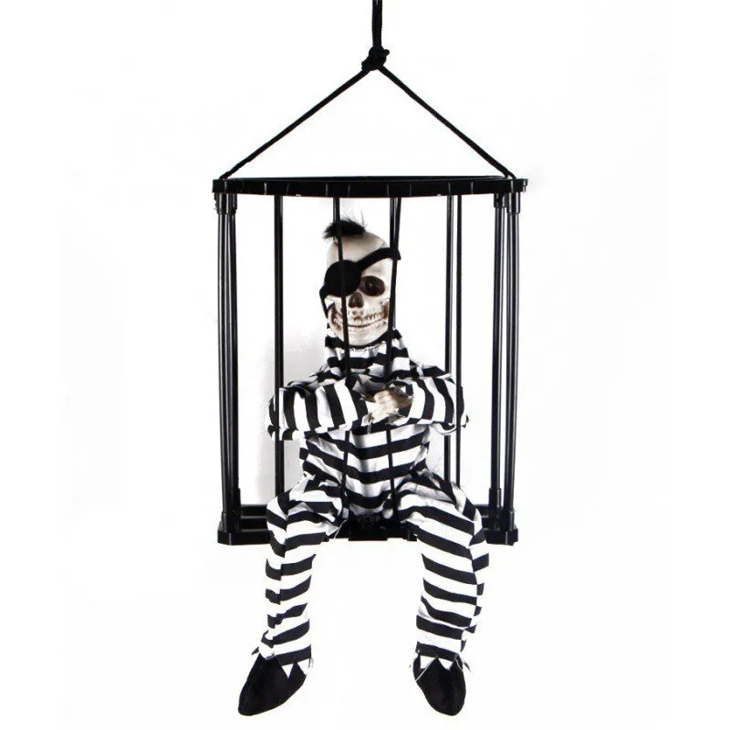 Screaming Animated Halloween Decorations Halloween Decor Prop Scary Skull Cage Prisoner Haunted House Decor, Ghost Light Up Eyes