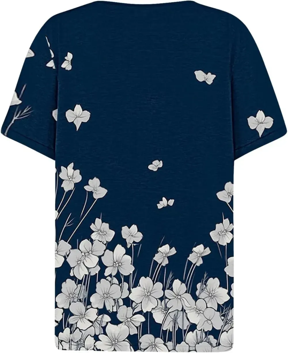 Shirts for Women Casual Printed Summer Tops Short-Sleeved Button V-Neck Tops Blouse Fashion Boho T-Shirts