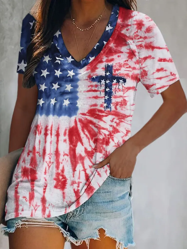 V-neck Retro Independence Day Tie Dye Flag Faith Cross Print T-shirt