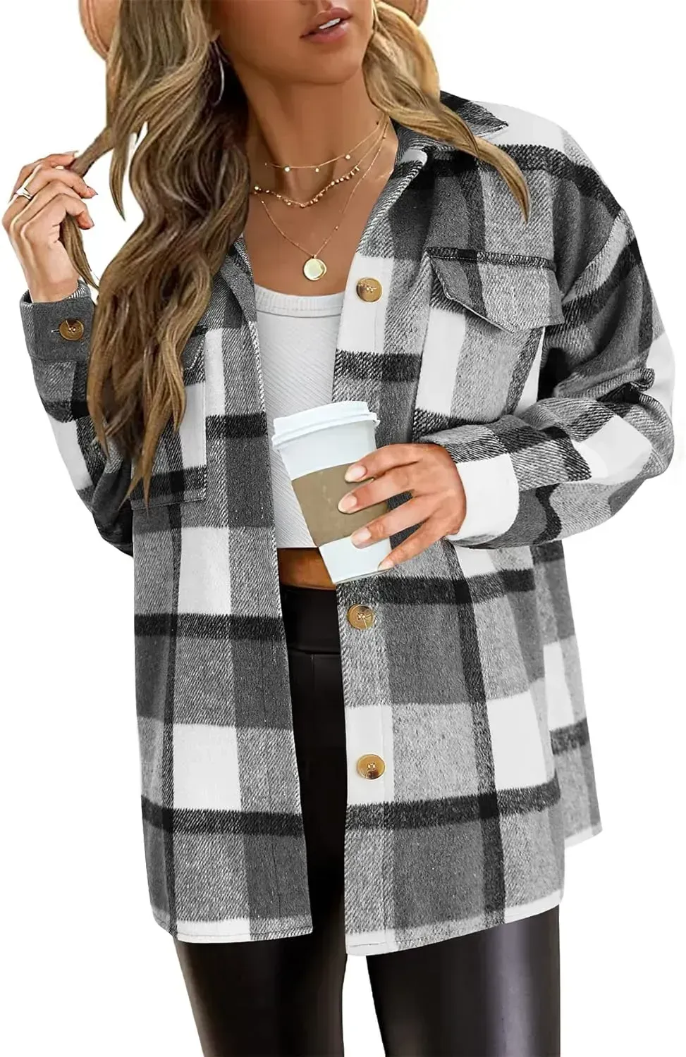 Women's 2023 Fall Clothes Plaid Shacket Jacket Long Sleeve Button Down Flannel Shirts Fashion Blouse