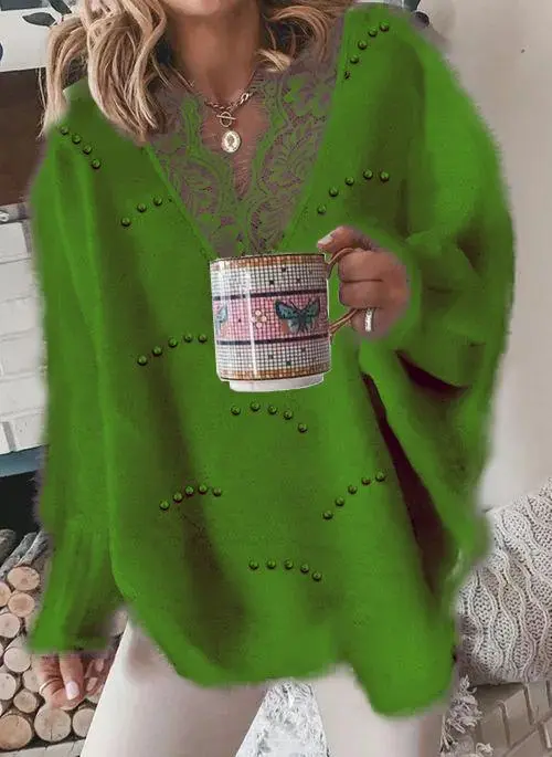 V-neckline Solid Color Casual Lace H-line Sweaters