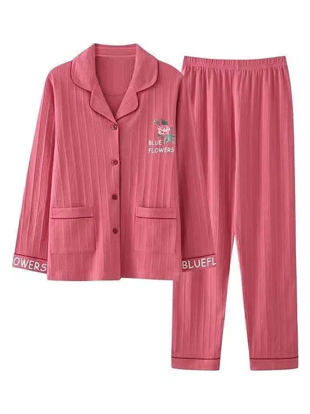 Women's Pajamas Pajama Top and Pant Sets Letter Flower Tights / Leggings Casual Comfort Home Daily Bed Cotton Breathable Lapel Long Sleeve Shirt Pant Button Pocket Summer Fall White Pink