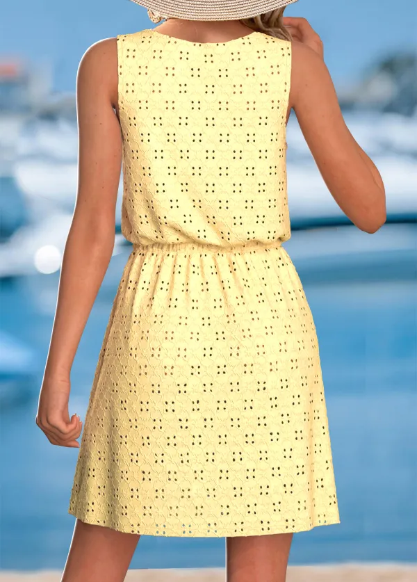 Yellow Jacquard Short Strappy V Neck Dress