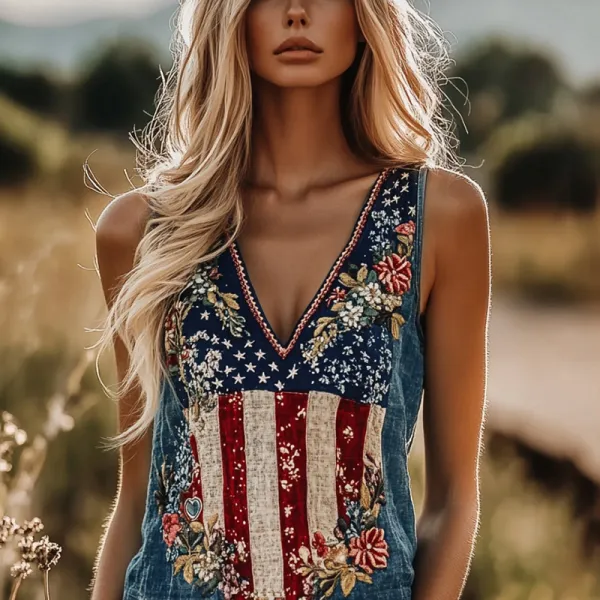 Women's Independence Day Flag Floral Embroidered Linen Tank Top