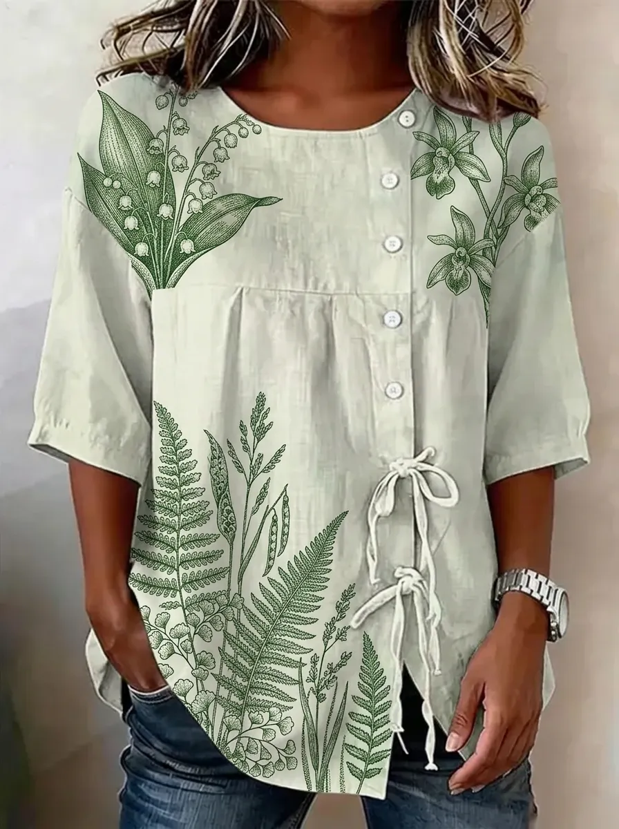 Women's Nashville Botanical Fern Lily Printed Button-Up Linen Top