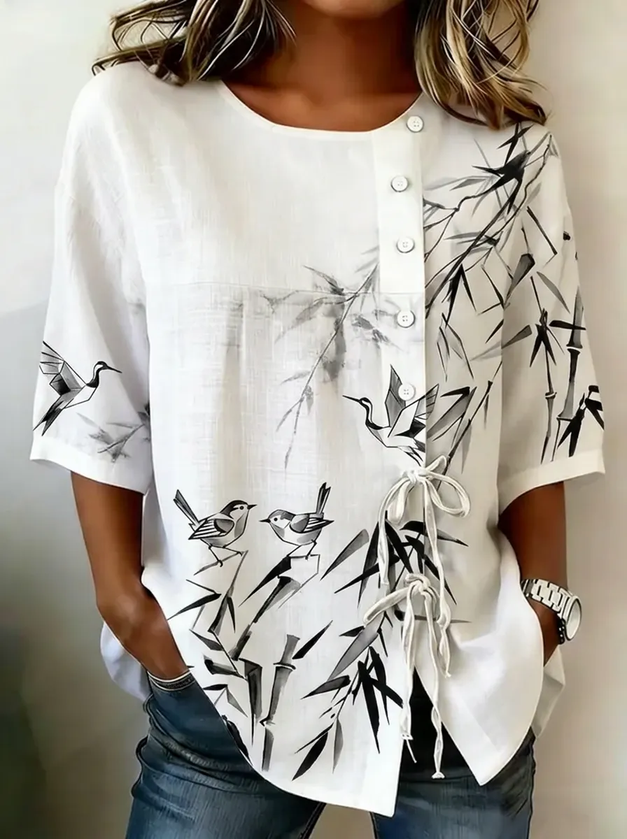 Women's Nashville Bird Bamboo Ink Wash Printed Top