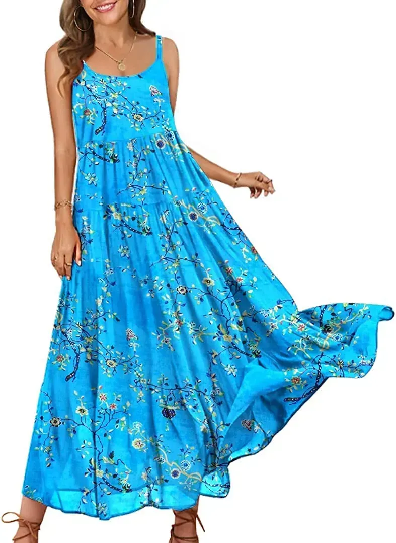 Summer Dresses for Women Casual Loose Bohemian Floral Dress with Pockets Spaghetti Strap Maxi Dress E75