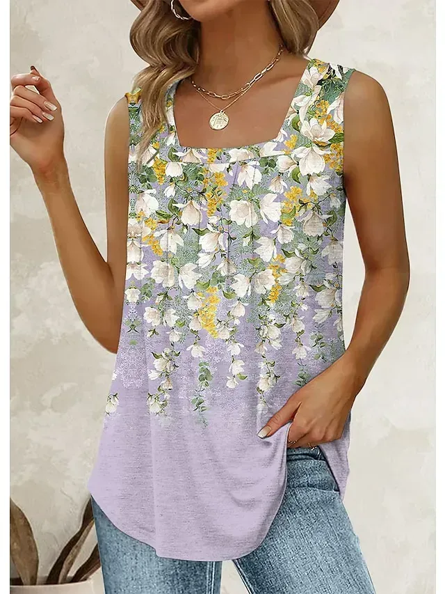 Women's Tank Top Pink Blue Purple Floral Sequins Sleeveless Casual Holiday Basic Square Neck Regular Floral S