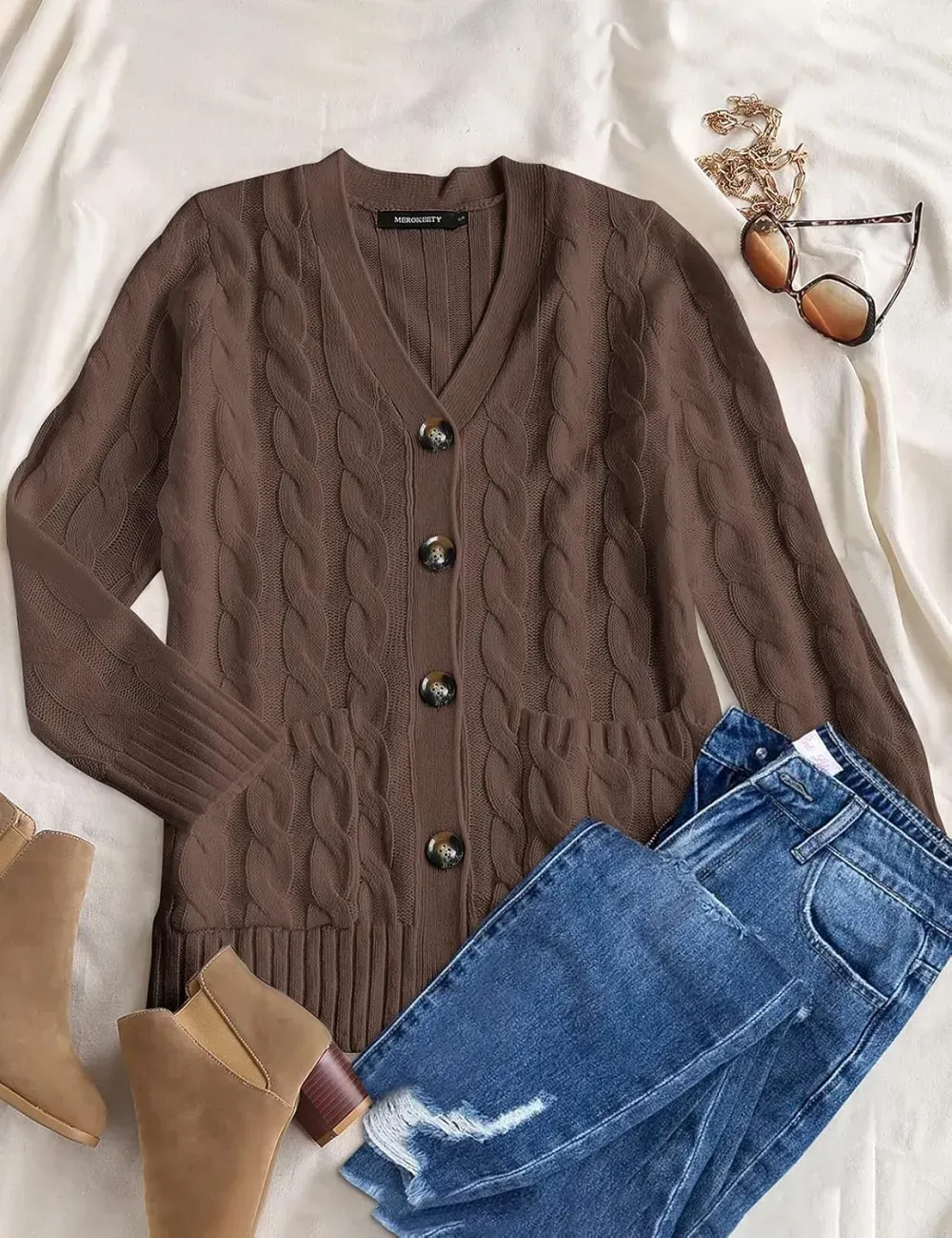 MEROKEETY Women's 2024 Fall Long Sleeve Cable Knit Sweater Open Front Cardigan Button Loose Outerwear