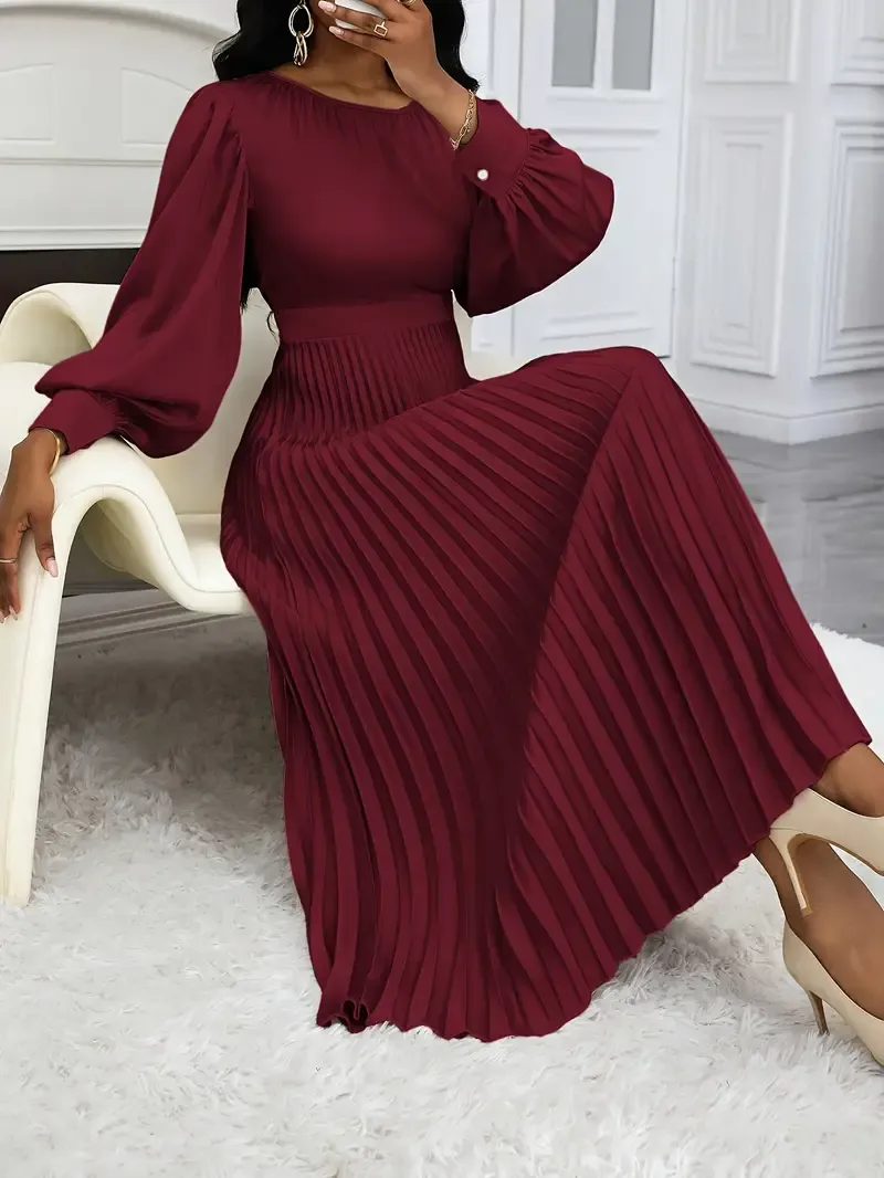 Elegant Maroon Pleated A-Line Dress for Women with Bubble Sleeves - Polyester, Round Neck, Machine Washable, All-Season Elegance