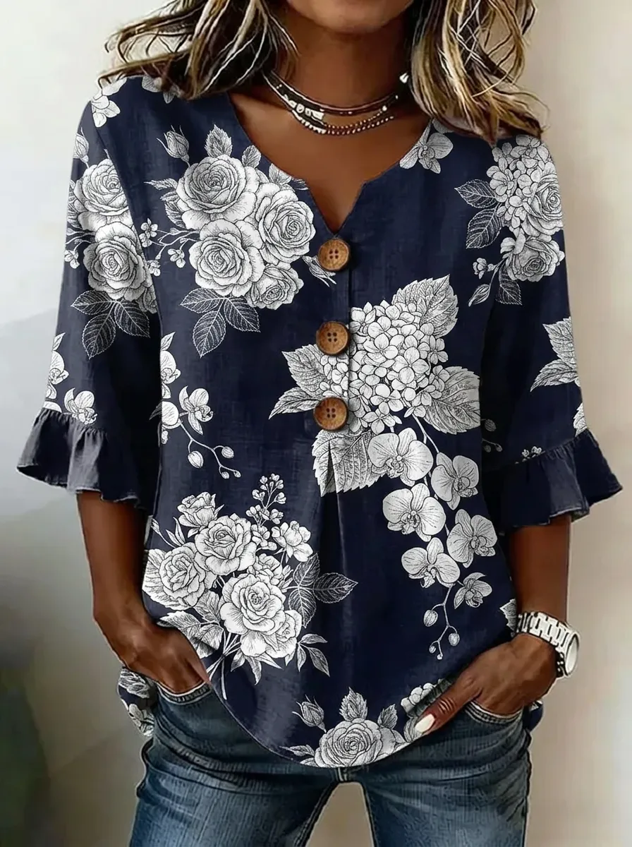 Women's Nashville Floral Rose Printed Button V-Neck Top