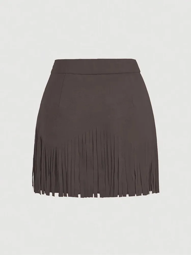 Women'S Vintage Hippie Rivet Fringe Brown Suede A-Line Skirt