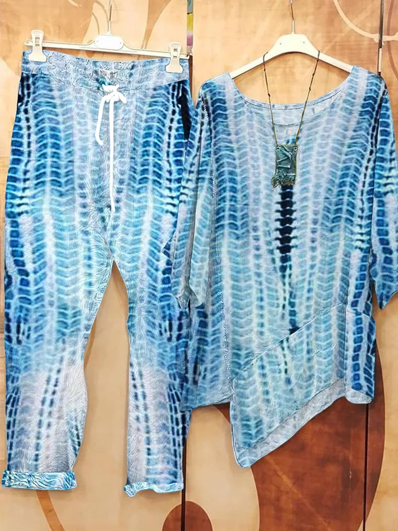 Women's tie dyed cotton and linen pants set, two-piece set 01