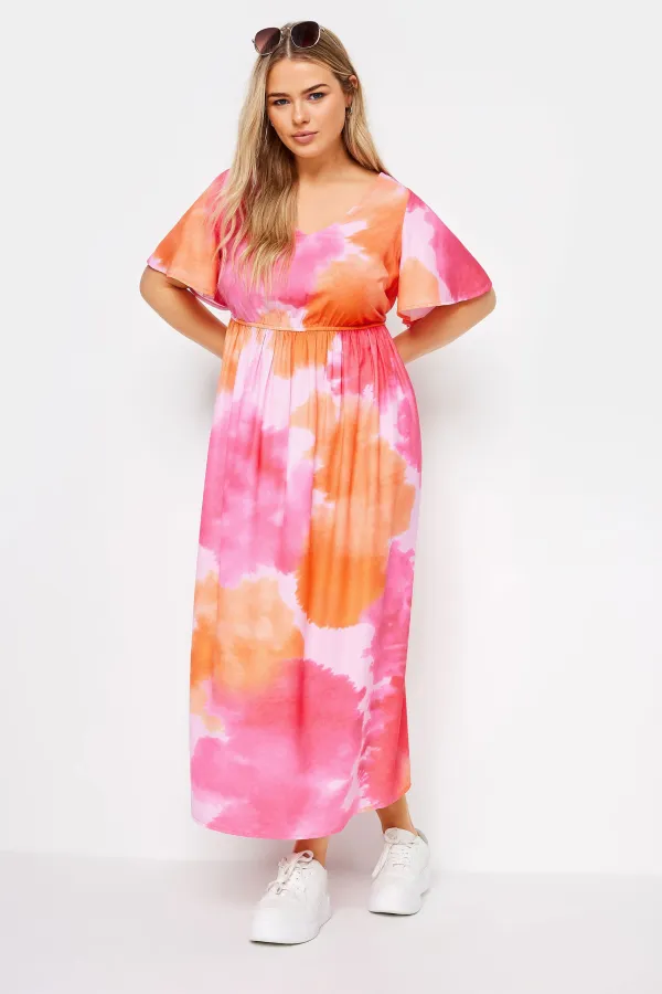YOURS Curve Pink Blur Print Bow Back Midaxi Dress
