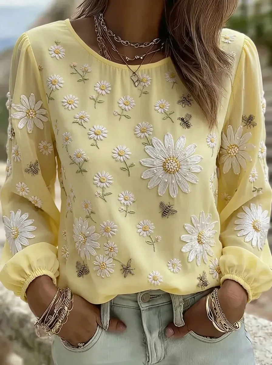 Women's Nashville Floral Daisy Bee Embroidered Printed Top