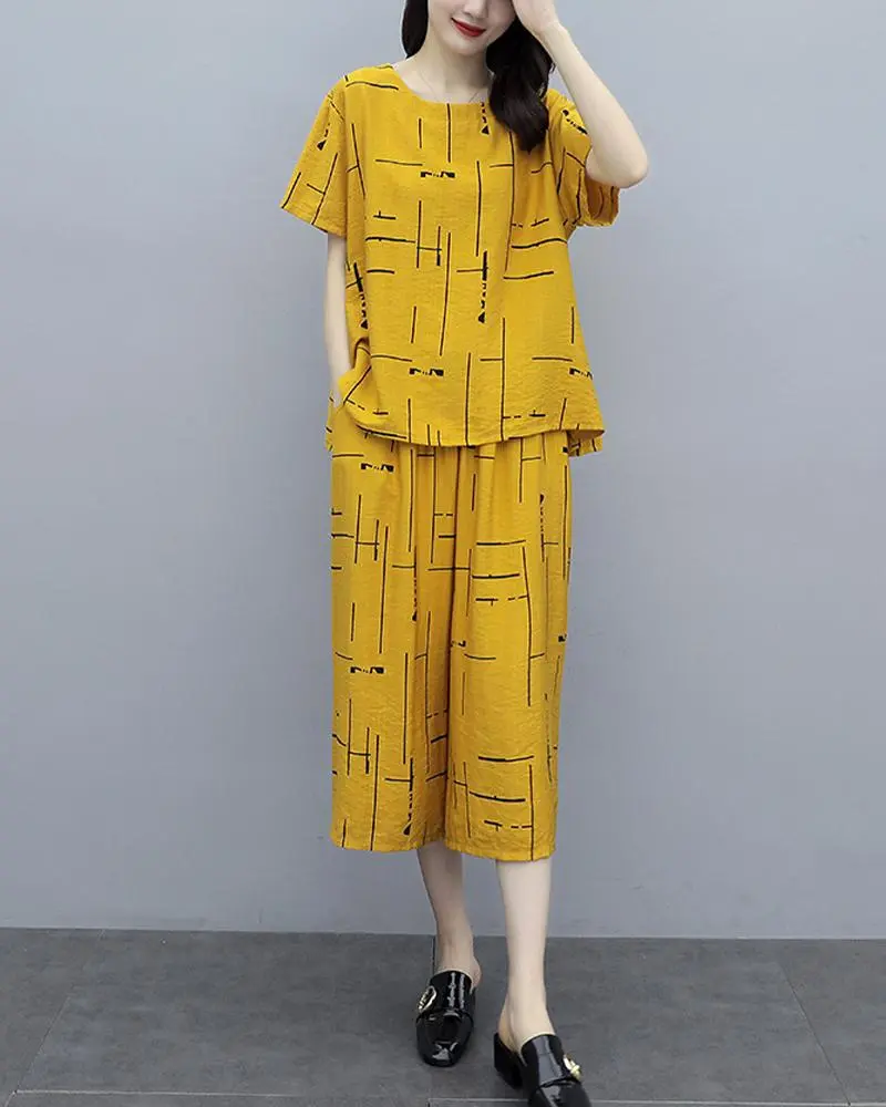 Printing Casual Two-piece 3/4 Length Pants Suits