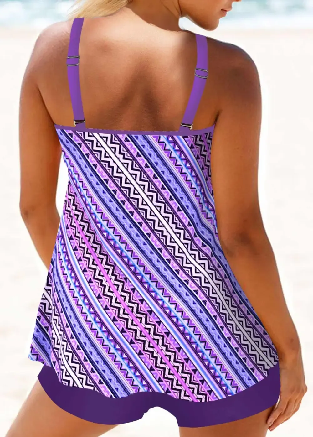 Metal Ring Leaf Print Coral Red Tankini Top