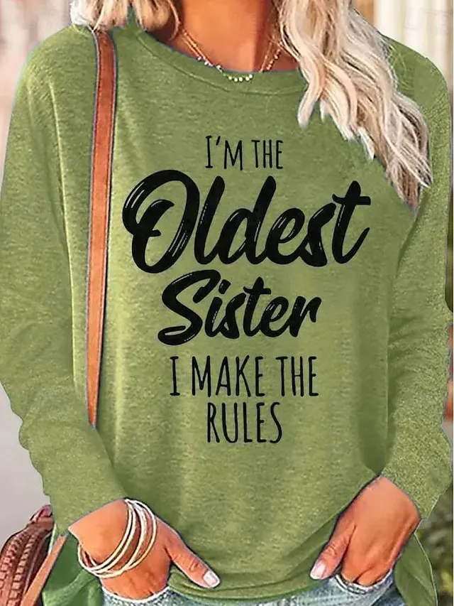 Women's T Shirt Fashion Letter Family Regular Tops Long Sleeve Round Neck Print Regular Fit Daily Weekend Black Pink Blue Green Spring &  Fall Spring, Fall, Winter, Summer