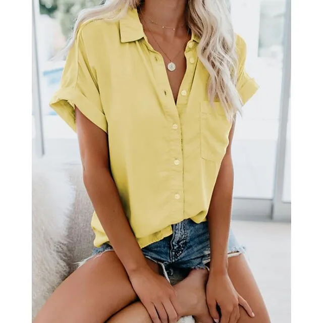 Women's Shirt Blouse Black White Yellow Plain Short Sleeve Work Basic Business Elegant Shirt Collar Regular S