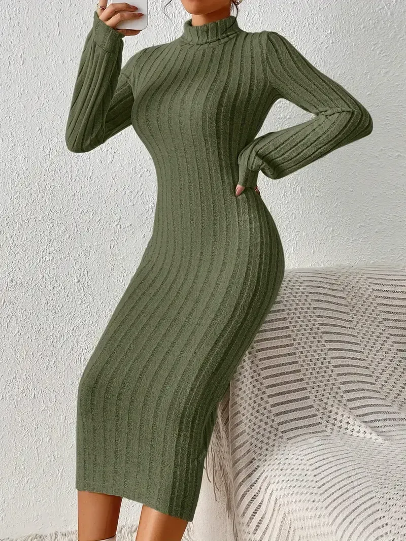 Ribbed Solid Bodycon Dress, Elegant Turtleneck Long Sleeve Dress, Women's Clothing