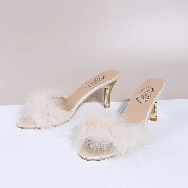 Women's Sandals Furry Feather High Heel Pointed Toe Faux Fur PU Loafer Solid Colored Black Rosy Pink Beige