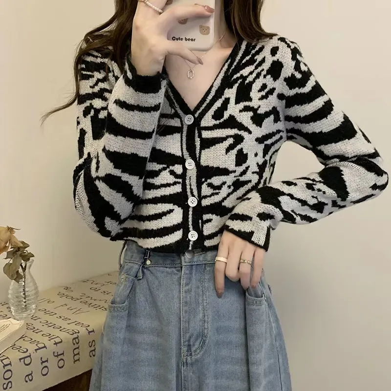 Casual Zebra Devore V Neck Cardigan