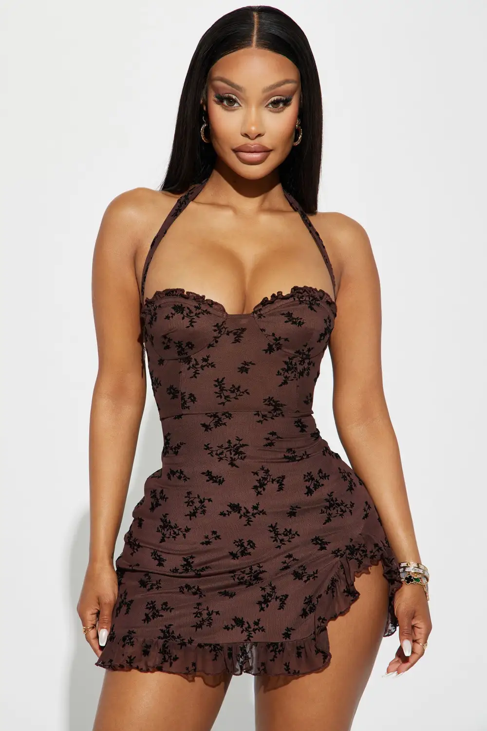 Julia Floral Mini Dress - Chocolate