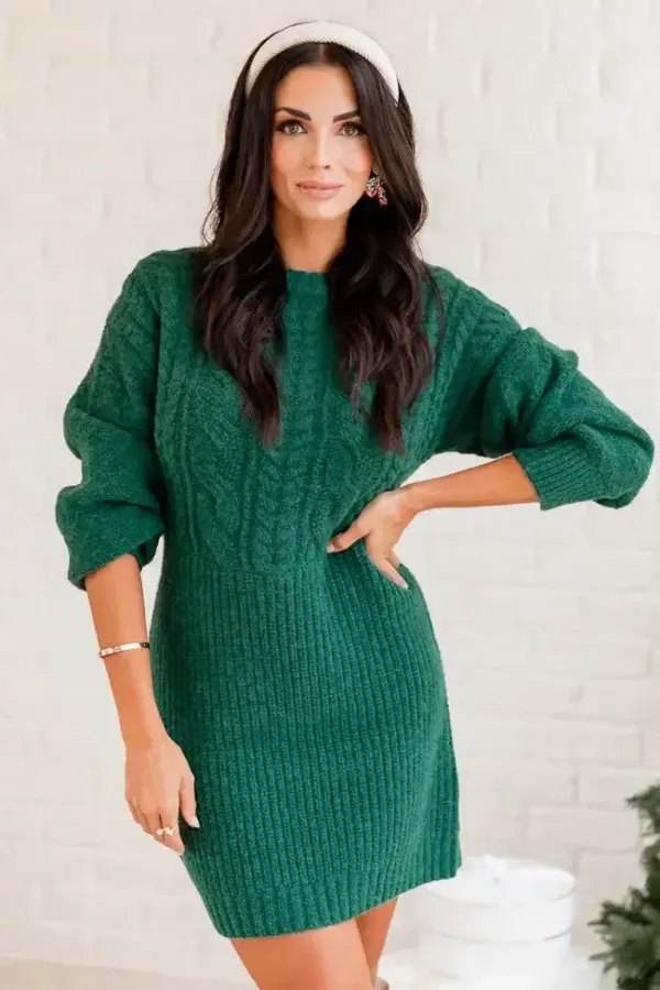 All Is Bright Evergreen Multi Textured Long Sleeve Sweater Dress