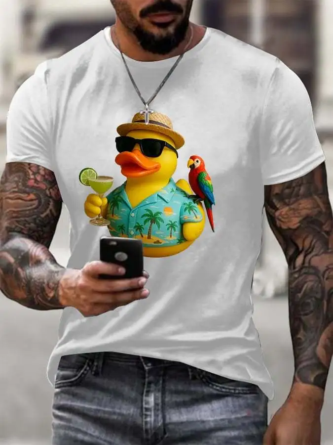 Men's Retro Vacation Parrot Margarita Memorial Duck Print T-Shirt