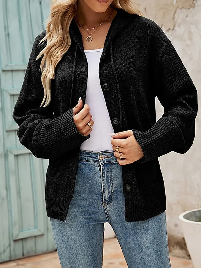 Women's Cardigan Sweater Jumper Ribbed Knit Regular Button Solid Color Hooded Stylish Casual Outdoor Daily Fall Winter Black White S M L