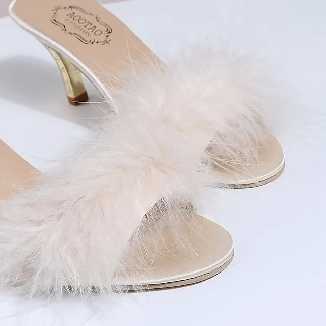 Women's Sandals Furry Feather High Heel Pointed Toe Faux Fur PU Loafer Solid Colored Black Rosy Pink Beige